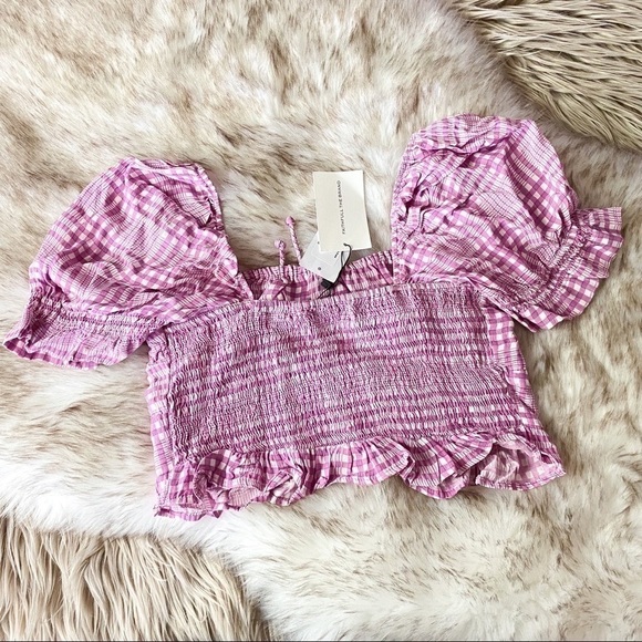 Faithfull Top Vaneda Cropped Plaid Ruffle Shirred Djerra Check Iris 6 M NWT - Picture 4 of 13